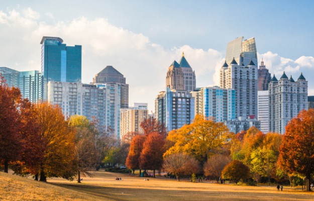 Atlanta, Georgia, USA Piedmont Park skyline in autumn.